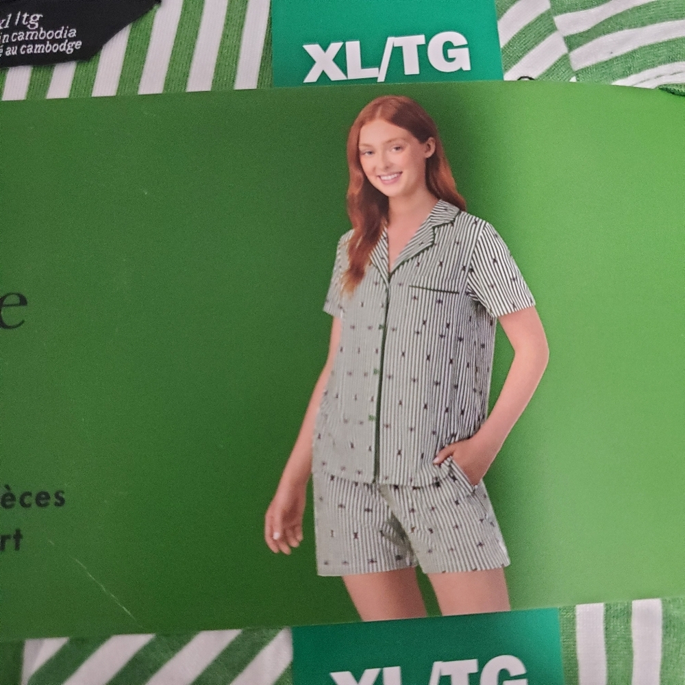 Kate Spade 2 Pieces Green Striped Pajama Set with Bee Design - Picture 2 of 3